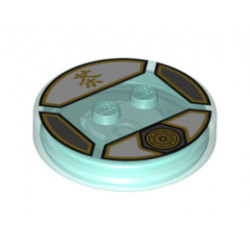 Dimensions Toy Tag 4 x 4 x 2/3 with 2 Studs for Sensei Wu #23 with Gold Lotus Symbol and Chinese Logogram '茶' (Tea) Pattern: {прозрачно светло син}