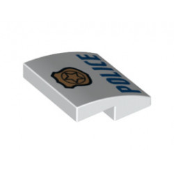 Slope, Curved 2 x 2 with Copper Badge with Black Outline on Badge and Star and Blue 'POLICE' Pattern: {бял}