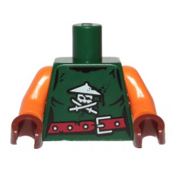 Torso Ninjago Female Shirt Tattered with White Skull with Crossed Swords Logo, Dark Red Belt with Buckle Pattern / Orange Arms / Reddish Brown Hands: {земно зелен}