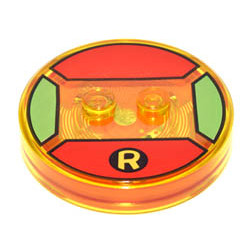 Dimensions Toy Tag 4 x 4 x 2/3 with 2 Studs for Robin #72 with Yellow 'R' Logo on Red Background Pattern: {прозрачно жълт}
