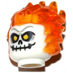 Minifigure, Head Modified Alien with Trans Orange Flaming Hair and Skull with Yellow Eyes Pattern : {бял}