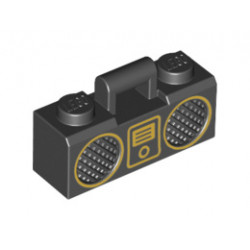 Minifigure, Utensil Radio Boom Box with Handle with Gold Digital Music Player and Rimmed Speakers Pattern: {черен}