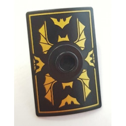 Minifigure, Shield Rectangular Curved Scutum with Stud with Gold Bat Wings and Bats Pattern: {черен}