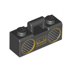 Minifigure, Utensil Radio Boom Box with Handle with Gold Cassette Player, Buttons and Rimmed Speakers Pattern : {черен}