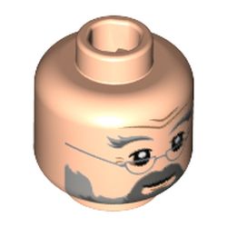 Minifigure, Head Light and Dark Bluish Gray Eyebrows Furrowed, Moustache, Beard, Silver Semicircle Glasses Pattern - Hollow Stud: {светло нуга}