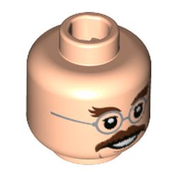 Minifigure, Head Dark Brown Bushy Eyebrows and Moustache, Silver Round Glasses Pattern - Hollow Stud: {светло нуга}