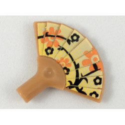 Minifigure, Utensil Hand Fan with Black and Orange Flowers and Yellow Dots on Bright Light Yellow Background Pattern: {умерен нуга}