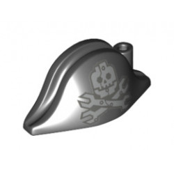 Minifigure, Headgear Hat, Pirate Bicorne with Silver Minifigure Skull with Half Mask and Wrenches Crossbones Pattern: {черен}