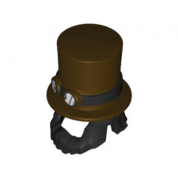 Minifigure, Hair Combo, Hair and Beard with Top Hat Large with Band with Goggles Pattern: {тъмно кафяв}