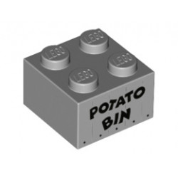 Brick 2 x 2 with Black 'POTATO BIN' Pattern: {умерено каменно сив}