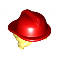 Minifigure, Hair Combo, Hair with Hat, Side Bangs and Bun with Red Fire Helmet Pattern: {студено жълт}