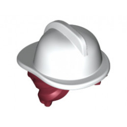 Minifigure, Hair Combo, Hair with Hat, Side Bangs and Bun with White Fire Helmet Pattern: {нов тъмно червен}