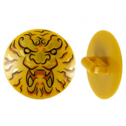 Minifigure, Shield Round with Rounded Front with Black and Gold Ninjago Lion Head Pattern: {топло златист}