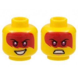 Minifigure, Head Dual Sided Female, Large Red Tattoo, Magenta Eyes, Peach Lips, Smile / Scowl Pattern (Harumi) - Hollow Stud: {ярко жълт}