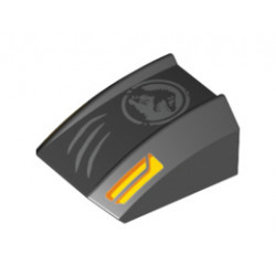 Slope, Curved 2 x 2 Lip with Orange and Yellow Headlights, Silver Scratches and Jurassic World Logo Pattern: {черен}