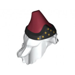 Minifigure, Hair Combo, Hat with Hair, Long and Wavy with Dark Red Pointed Hat, Black Band and Gold Stars Pattern: {бял}