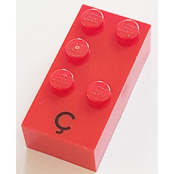 Brick, Braille 2 x 4 with 5 Studs with Black Capital Letter C with Cedilla (Ç) Pattern (dots-12346 ⠯) (French with Antoine Numbers): {ярко червен}