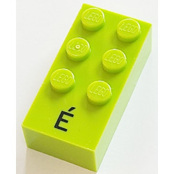Brick, Braille 2 x 4 with 6 Studs with Black Capital Letter E with Acute (É) Pattern (dots-123456 ⠿) (French with Antoine Numbers): {ярко жълто-зелен}