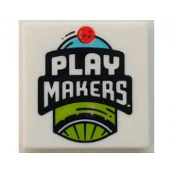 Tile 2 x 2 with Groove with Bicycle Wheel, Red Ball and PLAY MAKERS Logo Pattern: {бял}