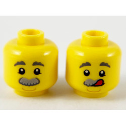 Minifigure, Head Dual Sided Dark Bluish Gray Eyebrows, Light Bluish Gray Bushy Moustache, Neutral / Licking Lips Pattern - Hollow Stud: {ярко жълт}