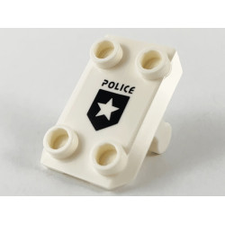 Plate, Modified 2 x 3 Inverted with 4 Studs and Bar Handle on Bottom (Rocker Plate) with Black 'POLICE' and Shield with Star Pattern: {бял}