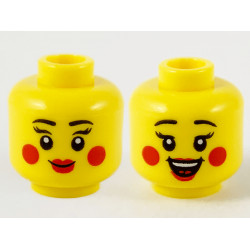 Minifigure, Head Dual Sided Female Black Eyebrows, Eyelashes, Red Lips and Circles on Cheeks, Grin / Open Mouth Smile with Top Teeth and Tongue Pattern - Hollow Stud: {ярко жълт}