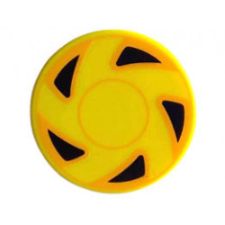 Tile, Round 2 x 2 with Bottom Stud Holder with Hubcap with Circles and 5 Black Triangles with Bright Light Orange Edges Pattern: {ярко жълт}