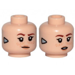 Minifigure, Head Dual Sided Female, Dark Orange Eyebrows, Freckles, Lips, Silver Triangle (Focus) on Sides, Smile / Open Mouth Pattern - Hollow Stud : {светло нуга}