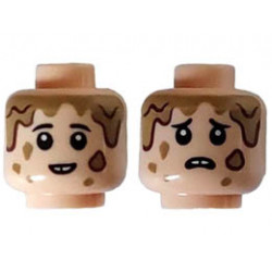 Minifigure, Head Dual Sided Child Male, Black Eyebrows, Dark Tan Mud Drops, Scared / Terrified Pattern - Hollow Stud: {светло нуга}