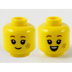 Minifigure, Head Dual Sided Child Reddish Brown Eyebrows, Dark Tan Scuff Mark, Grin / Open Mouth Smile with Top Teeth Pattern - Hollow Stud: {ярко жълт}