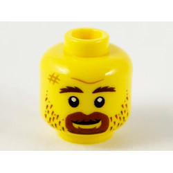Minifigure, Head Reddish Brown Eyebrows, Goatee, and Stubble, Medium Nougat Scuff Mark, Furrowed Brow, Grin Pattern - Hollow Stud: {ярко жълт}