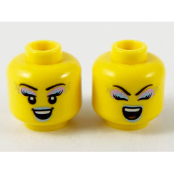Minifigure, Head Dual Sided Female, Metallic Light Blue and Purple Eye Shadow and Lips, Open Smile / Singing Eyes Closed Open Mouth Pattern - Hollow Stud: {ярко жълт}