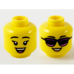 Minifigure, Head Dual Sided Female, Black Eyebrows, Peach Lips, Open Smile / Sunglasses with Dark Purple and Dark Pink Stripes Pattern - Hollow Stud: {ярко жълт}