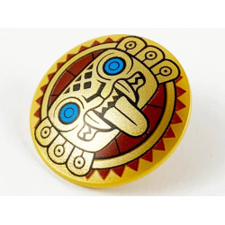 Minifigure, Shield Circular / Round Convex Face with Gold Jaguar Face on Dark Red Sun Background Pattern: {топло златист}