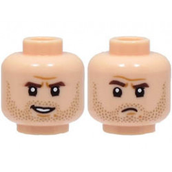 Minifigure, Head Dual Sided Dark Brown Eyebrows, Dark Tan Stubble Beard, Medium Nougat Chin Dimple, Lopsided Open Mouth Smile / Frown Pattern - Hollow Stud : {светло нуга}