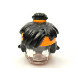 Minifigure, Hair Mid-Length Tousled, Top Knot Bun with Orange Band and Headband Pattern: {черен}