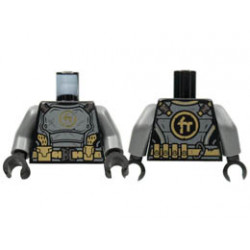Torso Dark Bluish Gray Breastplate, Gold Ninjago Logogram C, Dark Tan Utility Belt Mesh Pattern / Dark Bluish Gray Arms / Black Hands : {черен}