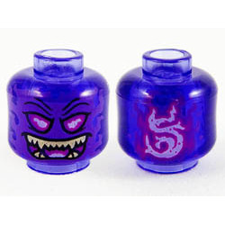 Minifigure, Head Alien Ghost with Dark Purple Face, Magenta Eyes and Open Mouth and Gold Sharp Teeth Pattern: {прозрачно ярко синьо-виолетов}