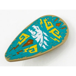 Minifigure, Shield Ovoid with White Dragon Head and Bright Light Orange Filigree on Dark Turquoise Background Pattern: {пясъчно жълт}