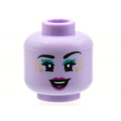 Minifigure, Head Female Black Eyebrows, Eyelashes, Dark Turquoise Eye Shadow, Gold Sparkles, Magenta Lips, Open Mouth Smile with Top Teeth and Tongue Pattern - Hollow Stud: {лавандулов}