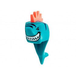 Minifigure, Head, Modified Shark with Coral Spiked Hair, Fin, Tail, Dark Blue Stripes and Wide Grin with Teeth Pattern: {ярко синьо-зелен}