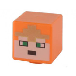 Minifigure, Head, Modified Cube with Pixelated Light Nougat Face, Green Eyes, and Gold Crown Pattern (Minecraft Royal Warrior): {ярко оранжев}