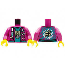 Torso Jacket with White Strap and Checkered Badge, Dark Turquoise Shirt with Tan Tiger Head, Stripes and Circle on Back Pattern / Magenta Arms / Yellow Hands: {ярко червеникаво-виолетов}