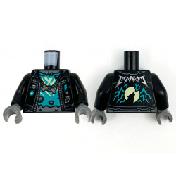 Torso Biker Jacket, Dark Turquoise and Pearl Dark Gray Trim, Dark Turquoise Tattered Shirt, Bone Pendant Pattern / Black Arms / Dark Bluish Gray Hands: {черен}
