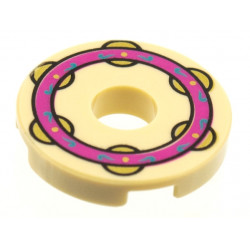 Tile, Round 2 x 2 with Hole with Magenta Ring with Dark Azure Filigree and Gold Jingles Pattern (Musical Instrument, Tambourine): {тухлено жълт}