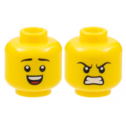 Minifigure, Head Dual Sided, Black Eyebrows, Smile with Teeth and Tongue / Scowl Pattern - Hollow Stud: {ярко жълт}