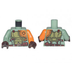 Torso Ninjago Olive Green and Orange Body Armor with Dark Red Belt and 3 Pouches Pattern / Orange Arm Left / Sand Green Arm Right / Dark Brown Hands : {пясъчно зелен}