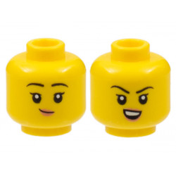 Minifigure, Head Dual Sided Child Female Black Eyebrows, Peach Lips, Lopsided Grin / Open Smile with Teeth Pattern - Hollow Stud: {ярко жълт}