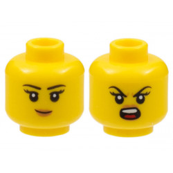 Minifigure, Head Dual Sided Female, Black Eyebrows, Peach Nougat Lips, Grin / Roaring Pattern - Hollow Stud: {ярко жълт}