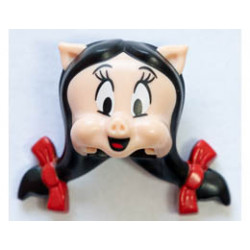 Minifigure, Head, Modified Looney Tunes Petunia Pig with Black Hair, Red Bows and Tongue Pattern: {светло нуга}